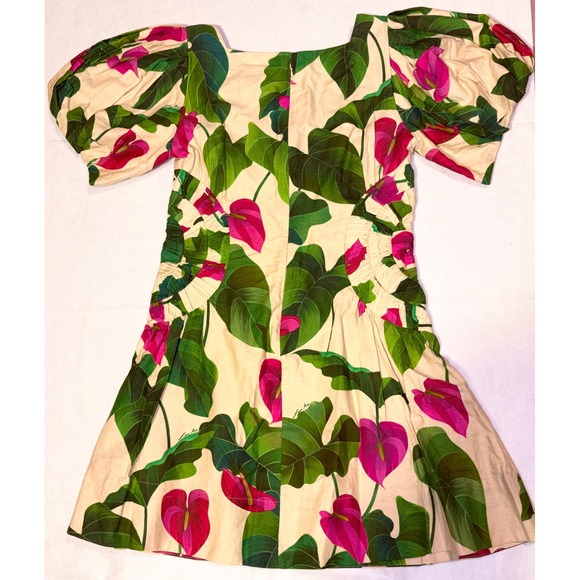 Farm Rio Anthurium Leaves Dress‎ Puff Sleeve Square Neck Linen Blend Size L - Picture 10 of 14